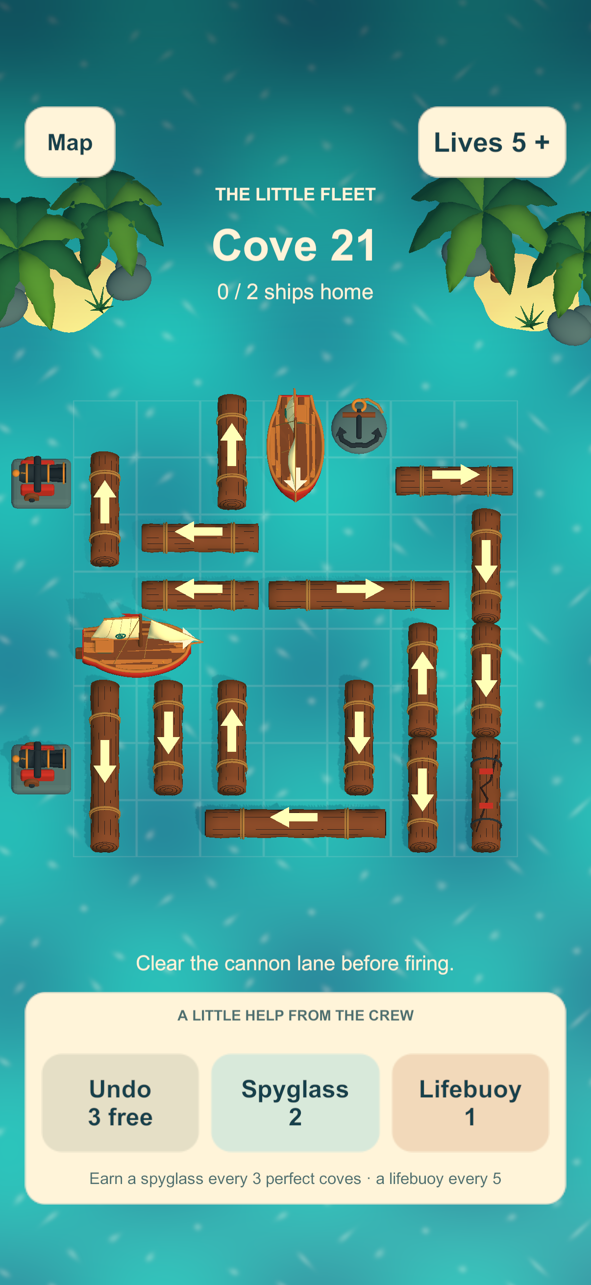 Actual iPhone gameplay: two wooden ships surrounded by arrow-marked driftwood in a turquoise Caribbean cove